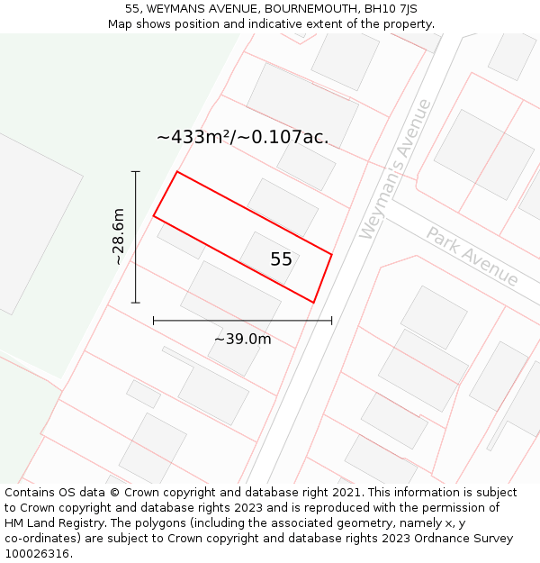 55, WEYMANS AVENUE, BOURNEMOUTH, BH10 7JS: Plot and title map