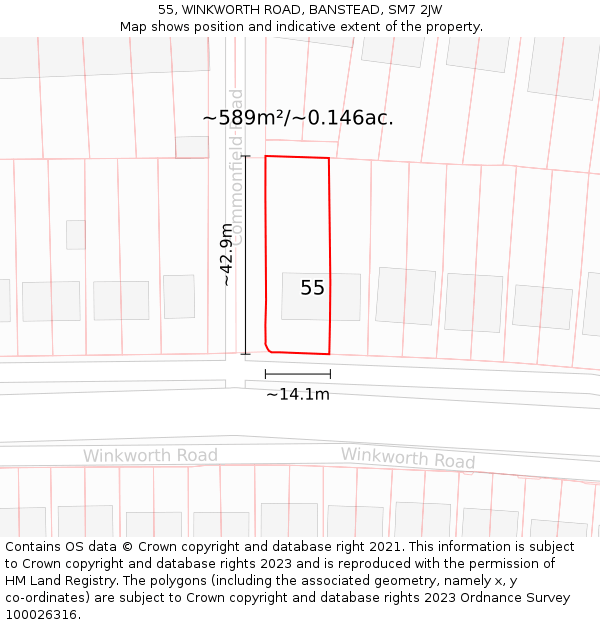 55, WINKWORTH ROAD, BANSTEAD, SM7 2JW: Plot and title map