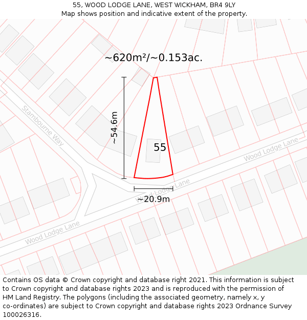 55, WOOD LODGE LANE, WEST WICKHAM, BR4 9LY: Plot and title map
