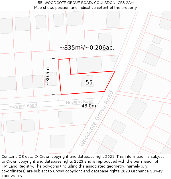 55, WOODCOTE GROVE ROAD, COULSDON, CR5 2AH: Plot and title map