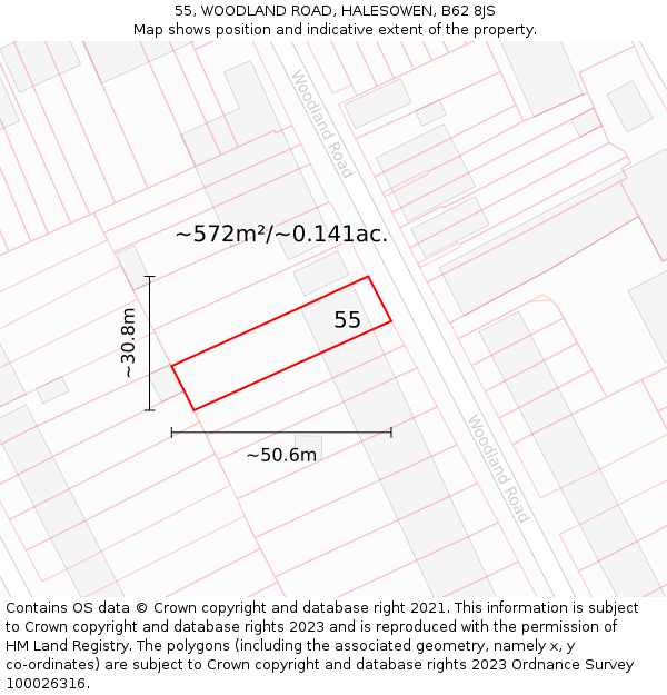 55, WOODLAND ROAD, HALESOWEN, B62 8JS: Plot and title map