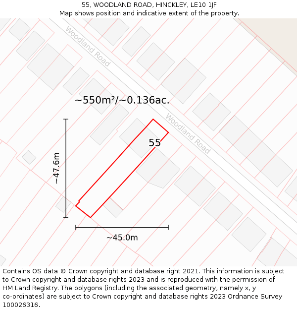 55, WOODLAND ROAD, HINCKLEY, LE10 1JF: Plot and title map