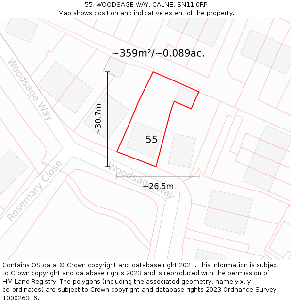 55, WOODSAGE WAY, CALNE, SN11 0RP: Plot and title map