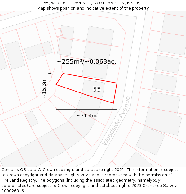 55, WOODSIDE AVENUE, NORTHAMPTON, NN3 6JL: Plot and title map