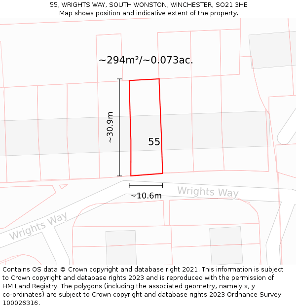 55, WRIGHTS WAY, SOUTH WONSTON, WINCHESTER, SO21 3HE: Plot and title map