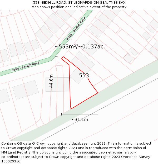 553, BEXHILL ROAD, ST LEONARDS-ON-SEA, TN38 8AX: Plot and title map