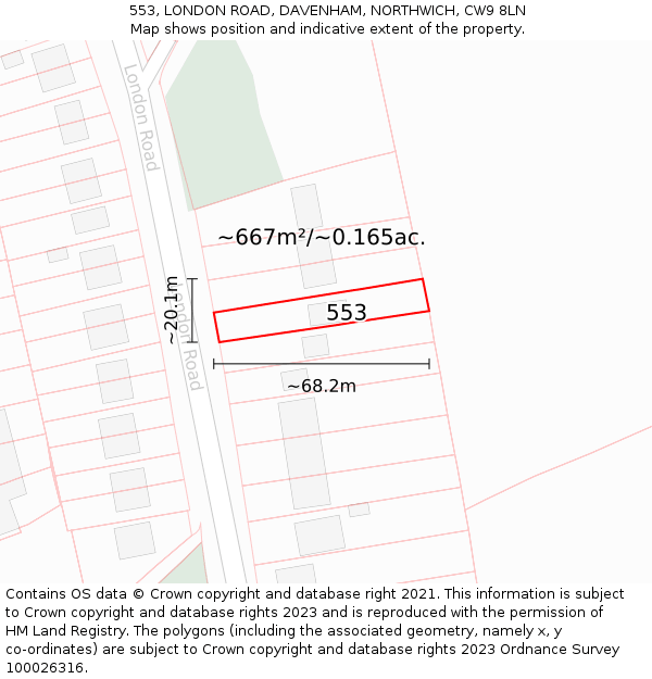 553, LONDON ROAD, DAVENHAM, NORTHWICH, CW9 8LN: Plot and title map