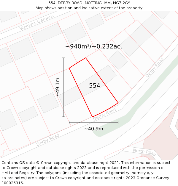 554, DERBY ROAD, NOTTINGHAM, NG7 2GY: Plot and title map