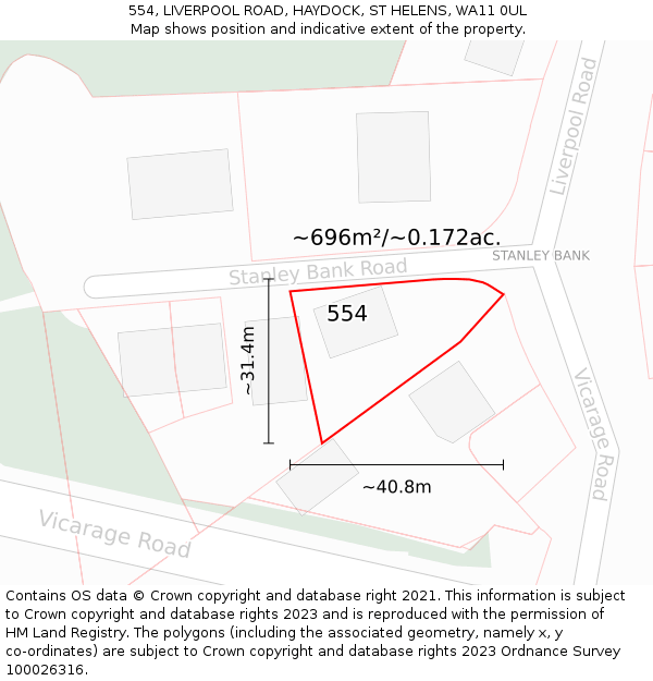 554, LIVERPOOL ROAD, HAYDOCK, ST HELENS, WA11 0UL: Plot and title map