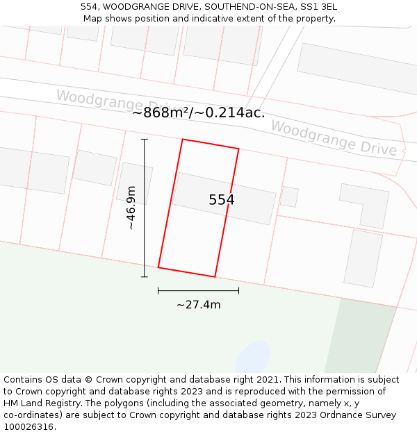 554, WOODGRANGE DRIVE, SOUTHEND-ON-SEA, SS1 3EL: Plot and title map
