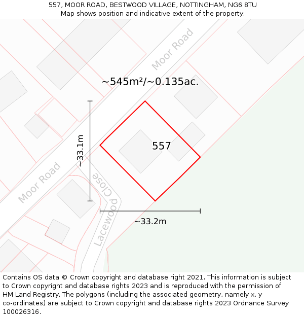 557, MOOR ROAD, BESTWOOD VILLAGE, NOTTINGHAM, NG6 8TU: Plot and title map