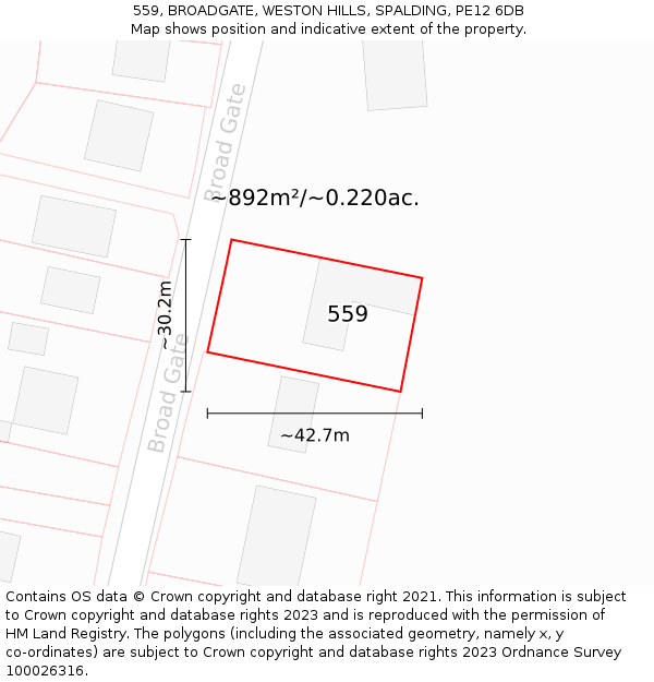 559, BROADGATE, WESTON HILLS, SPALDING, PE12 6DB: Plot and title map