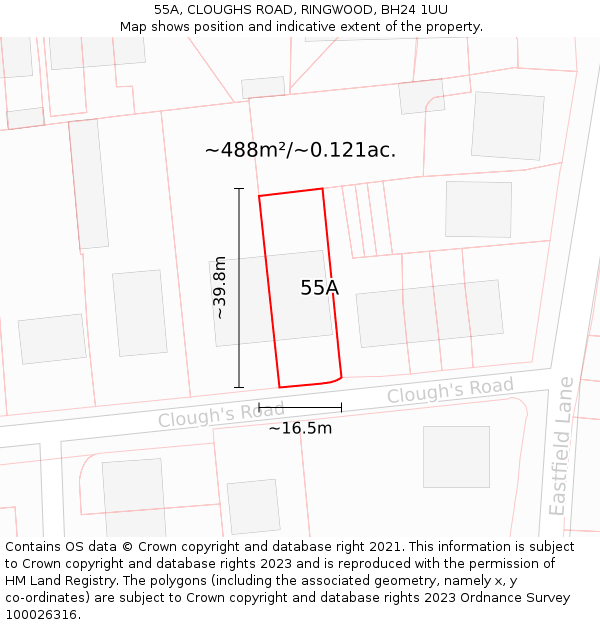 55A, CLOUGHS ROAD, RINGWOOD, BH24 1UU: Plot and title map