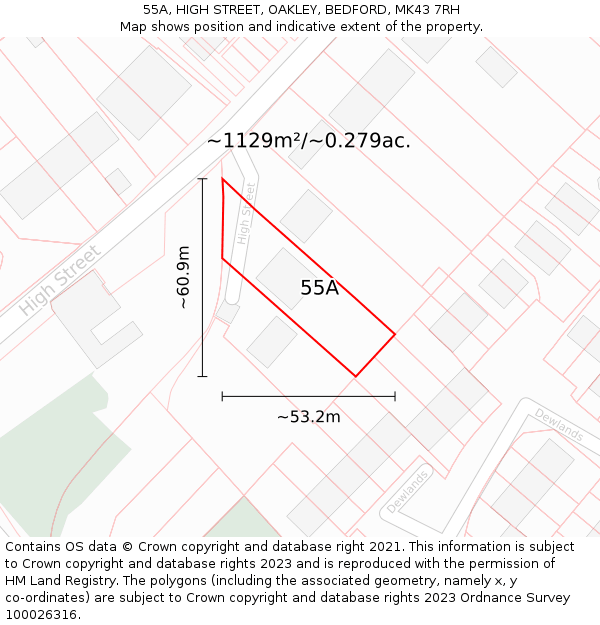 55A, HIGH STREET, OAKLEY, BEDFORD, MK43 7RH: Plot and title map