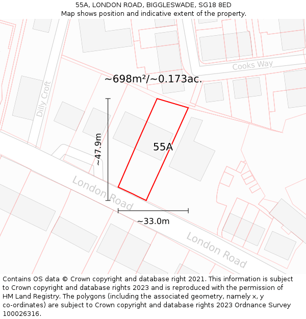 55A, LONDON ROAD, BIGGLESWADE, SG18 8ED: Plot and title map