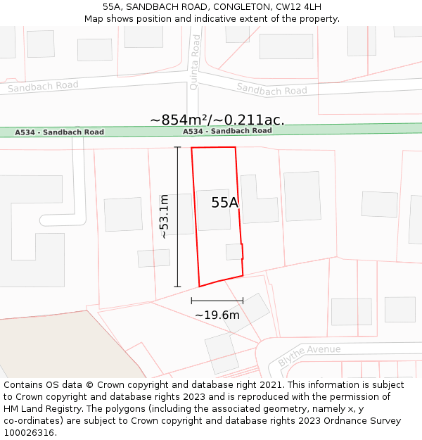 55A, SANDBACH ROAD, CONGLETON, CW12 4LH: Plot and title map