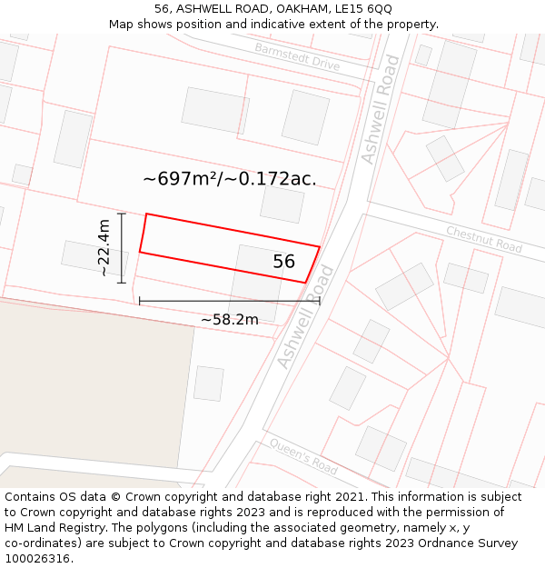 56, ASHWELL ROAD, OAKHAM, LE15 6QQ: Plot and title map