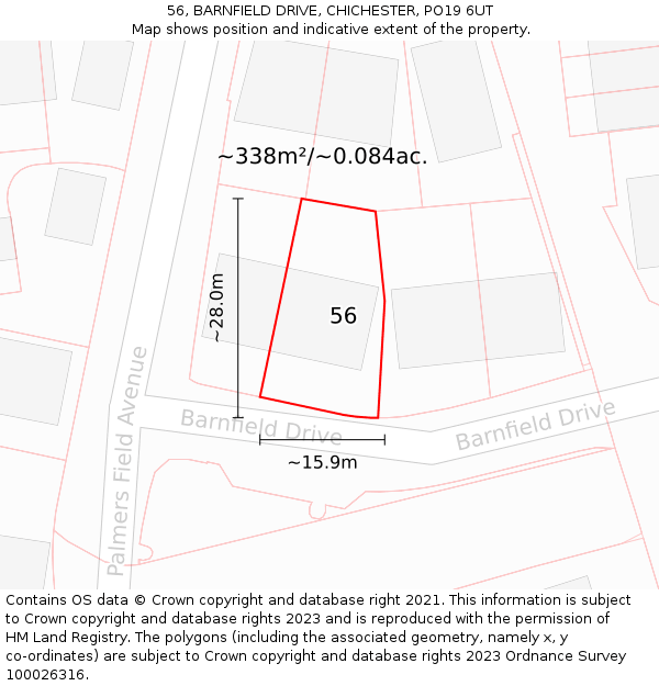 56, BARNFIELD DRIVE, CHICHESTER, PO19 6UT: Plot and title map