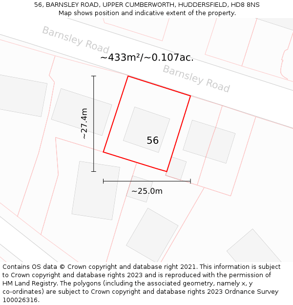 56, BARNSLEY ROAD, UPPER CUMBERWORTH, HUDDERSFIELD, HD8 8NS: Plot and title map