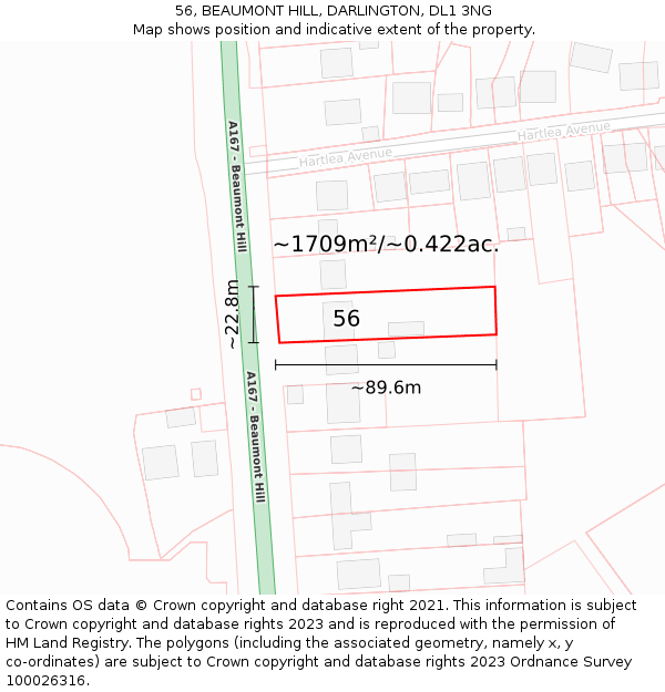 56, BEAUMONT HILL, DARLINGTON, DL1 3NG: Plot and title map