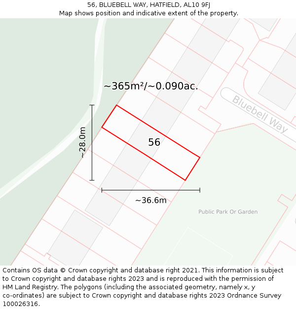 56, BLUEBELL WAY, HATFIELD, AL10 9FJ: Plot and title map