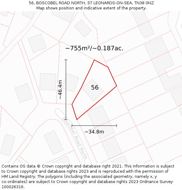 56, BOSCOBEL ROAD NORTH, ST LEONARDS-ON-SEA, TN38 0NZ: Plot and title map