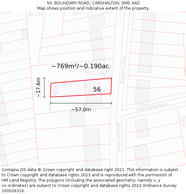 56, BOUNDARY ROAD, CARSHALTON, SM5 4AD: Plot and title map
