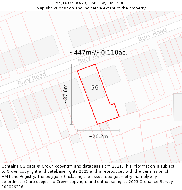 56, BURY ROAD, HARLOW, CM17 0EE: Plot and title map