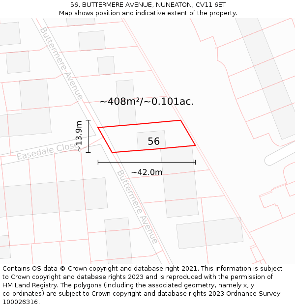 56, BUTTERMERE AVENUE, NUNEATON, CV11 6ET: Plot and title map