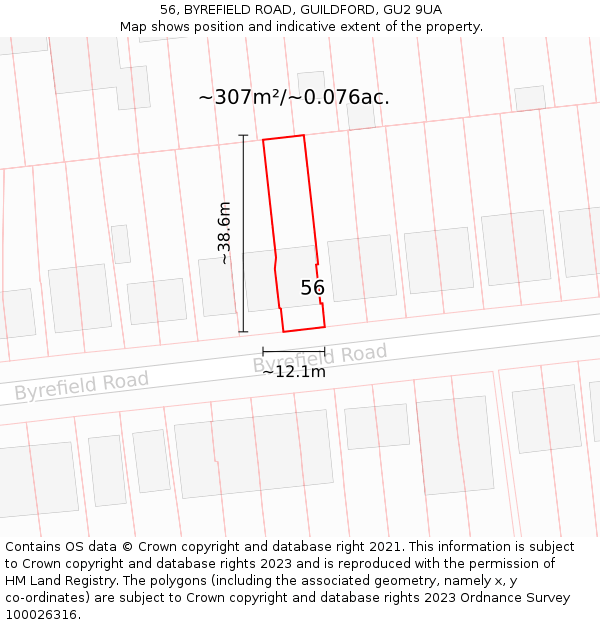 56, BYREFIELD ROAD, GUILDFORD, GU2 9UA: Plot and title map