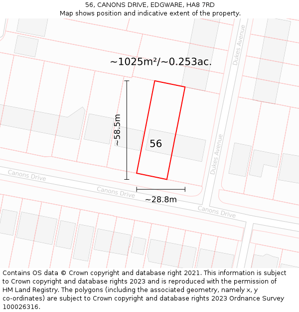 56, CANONS DRIVE, EDGWARE, HA8 7RD: Plot and title map