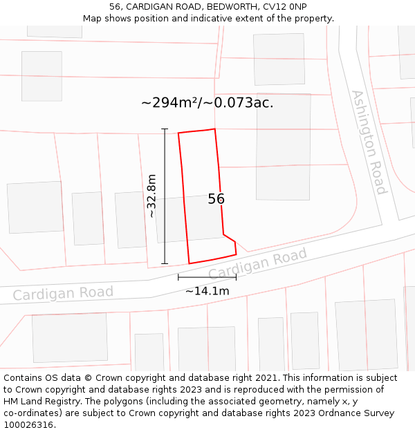 56, CARDIGAN ROAD, BEDWORTH, CV12 0NP: Plot and title map