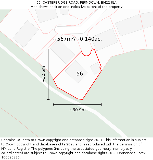 56, CASTERBRIDGE ROAD, FERNDOWN, BH22 8LN: Plot and title map