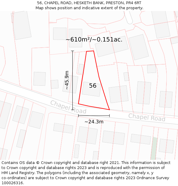 56, CHAPEL ROAD, HESKETH BANK, PRESTON, PR4 6RT: Plot and title map