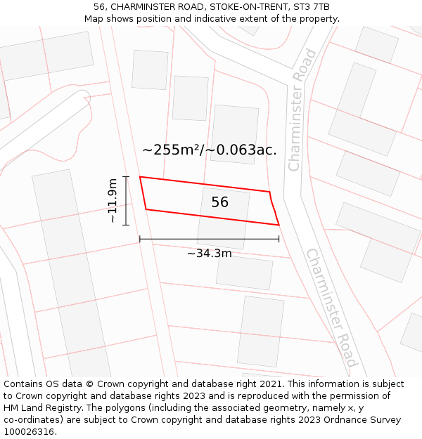 56, CHARMINSTER ROAD, STOKE-ON-TRENT, ST3 7TB: Plot and title map