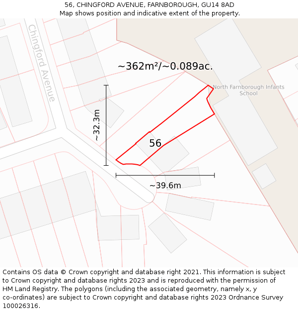 56, CHINGFORD AVENUE, FARNBOROUGH, GU14 8AD: Plot and title map