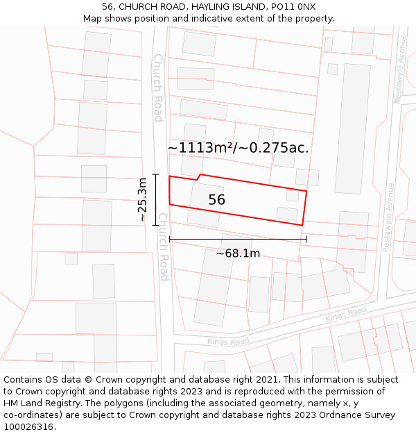 56, CHURCH ROAD, HAYLING ISLAND, PO11 0NX: Plot and title map