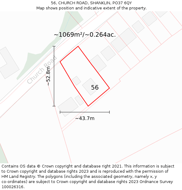 56, CHURCH ROAD, SHANKLIN, PO37 6QY: Plot and title map