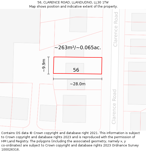 56, CLARENCE ROAD, LLANDUDNO, LL30 1TW: Plot and title map