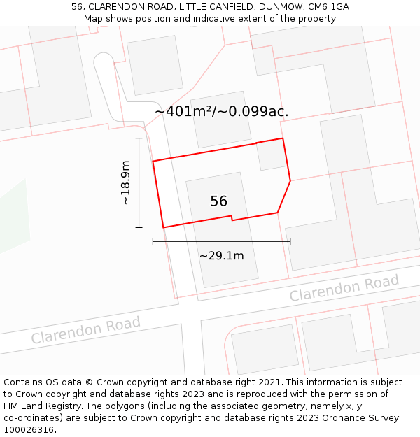 56, CLARENDON ROAD, LITTLE CANFIELD, DUNMOW, CM6 1GA: Plot and title map