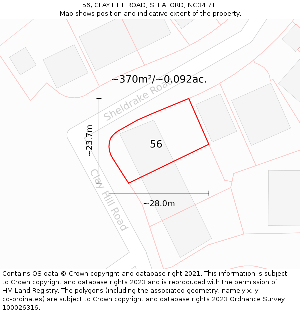 56, CLAY HILL ROAD, SLEAFORD, NG34 7TF: Plot and title map