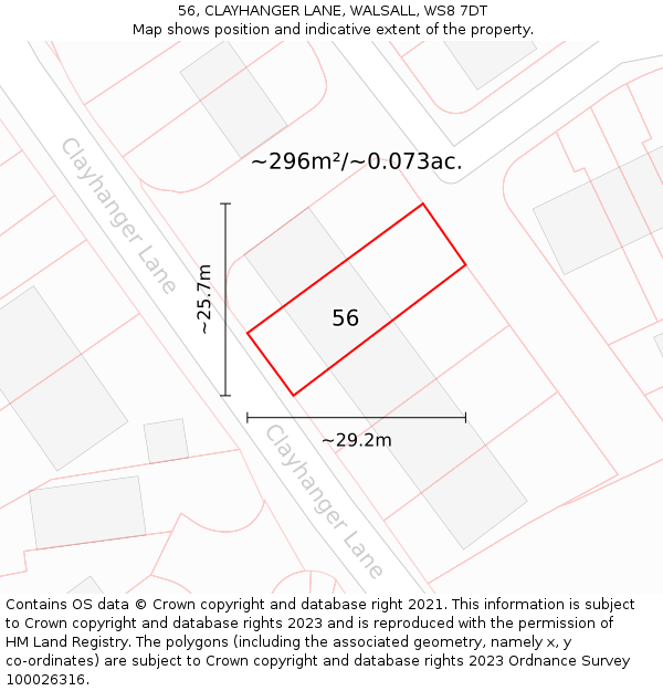56, CLAYHANGER LANE, WALSALL, WS8 7DT: Plot and title map