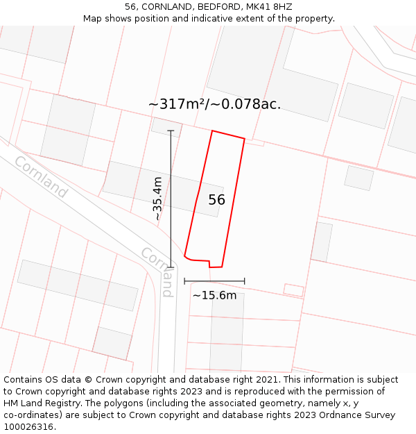 56, CORNLAND, BEDFORD, MK41 8HZ: Plot and title map