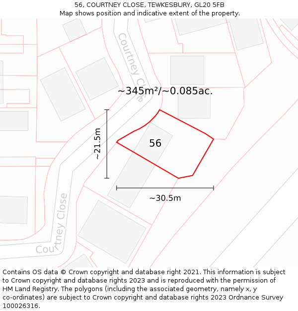 56, COURTNEY CLOSE, TEWKESBURY, GL20 5FB: Plot and title map