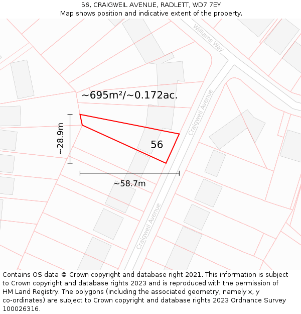 56, CRAIGWEIL AVENUE, RADLETT, WD7 7EY: Plot and title map