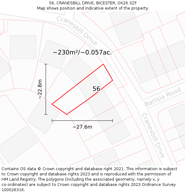 56, CRANESBILL DRIVE, BICESTER, OX26 3ZF: Plot and title map