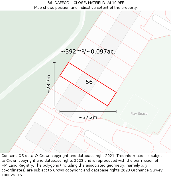 56, DAFFODIL CLOSE, HATFIELD, AL10 9FF: Plot and title map