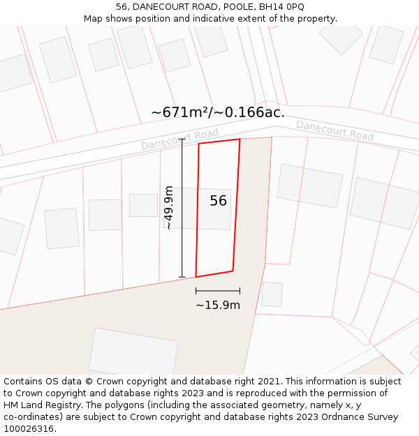 56, DANECOURT ROAD, POOLE, BH14 0PQ: Plot and title map