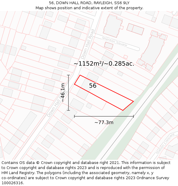 56, DOWN HALL ROAD, RAYLEIGH, SS6 9LY: Plot and title map