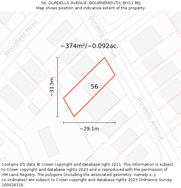 56, DURDELLS AVENUE, BOURNEMOUTH, BH11 9EJ: Plot and title map